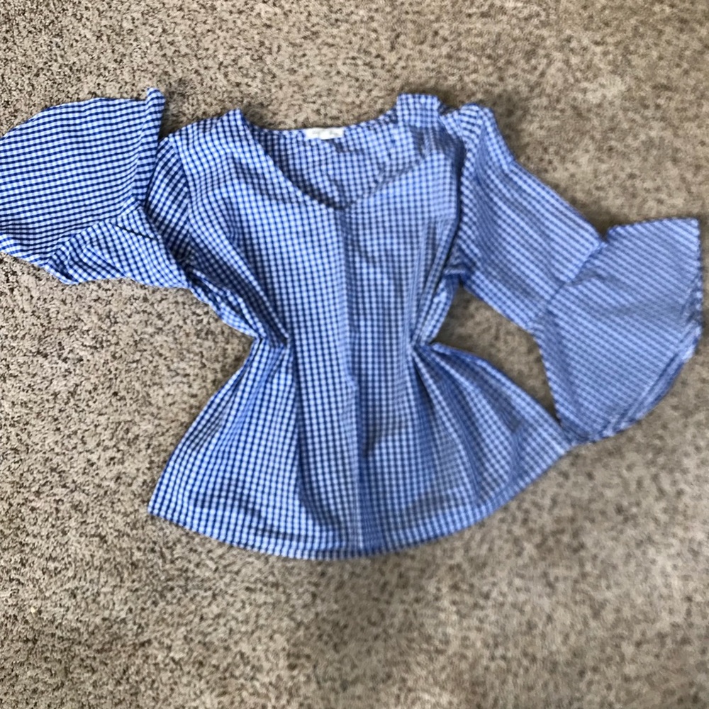 Blue gingham bell sleeve blouse